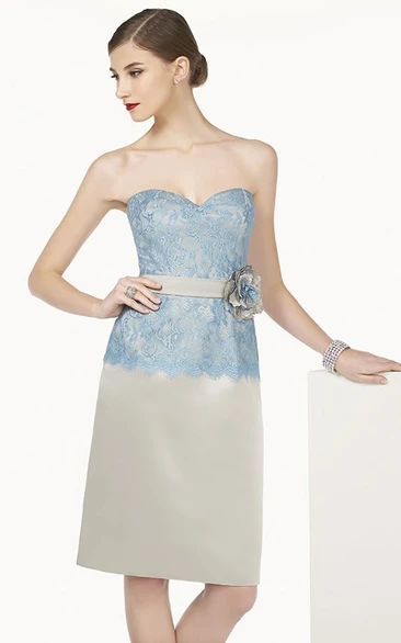 Lace Top Knee Length Satin Prom Dress With Floral Sash And Removable Jacket