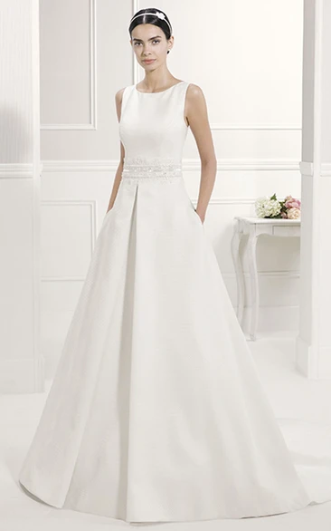 Scoop Neck Taffeta Bridal Gown With Sequined Lace Sash And Back Bows