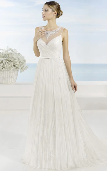 A-Line Floor-Length Scoop Beaded Sleeveless Tulle Wedding Dress With Pleats And Illusion Back