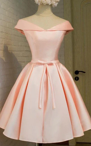 Ball Gown Tea-length Short Sleeve Off-the-shoulder V-neck Bow Pleats Satin Homecoming Dress