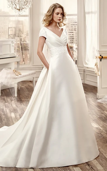 V-Neck Court-Train Satin Long Wedding Dress With Low-V Back And Floral Waistband