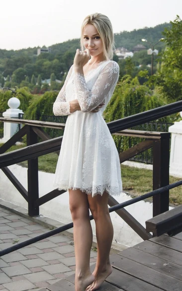 Short Sexy Lace Wedding Dress With Deep V-neck And Long Sleeve