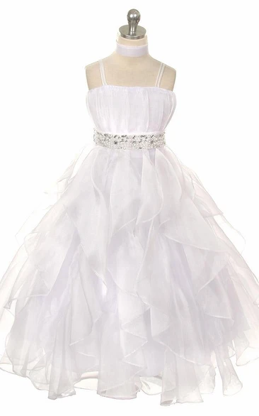 Cape Empire Tiered Pleated Organza Flower Girl Dress With Sash