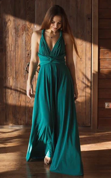 Ethereal A Line V-neck Jersey Bridesmaid Dress With Short Sleeves And Cross Back