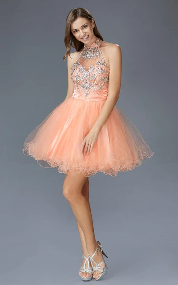 A-Line Short High Neck Sleeveless Tulle Straps Dress With Beading And Ruffles
