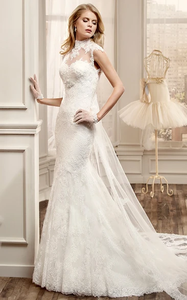 High-Neck Sheath Lace Wedding Dress With Beaded Bust And Court Train