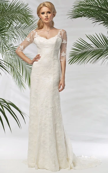 Sheath Half-Sleeve Long Appliqued V-Neck Lace Wedding Dress