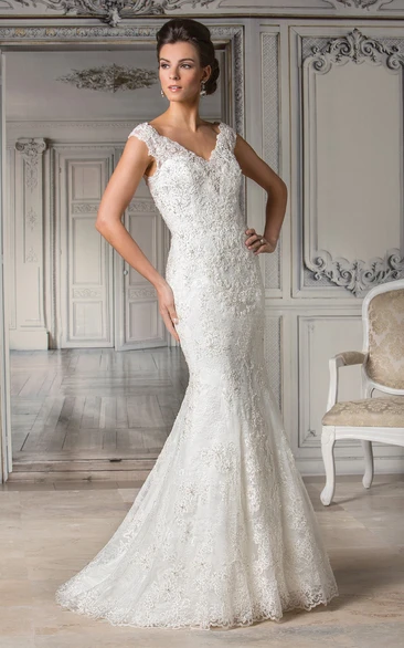 Cap-Sleeved V-Neck Mermaid Gown With Allover Appliques