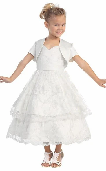 Short Bolero Tiered Lace&Satin Flower Girl Dress