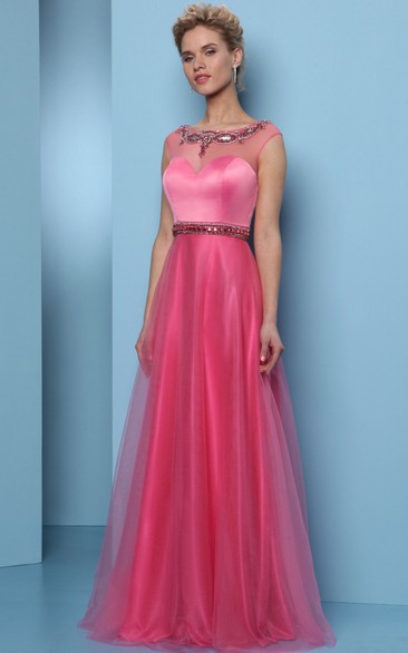 A-Line Scoop-Neck Sleeveless Long Beaded Tulle&Satin Prom Dress With Waist Jewellery