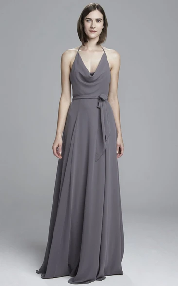 A-Line Pleated Cowl-Neck Sleeveless Floor-Length Chiffon Bridesmaid Dress