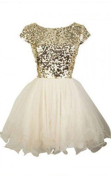 A-line Ball Gown Short Mini Short Sleeve Bateau Ruffles Sequins Tulle Sequins Homecoming Dress