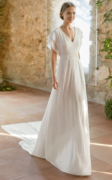 Romantic Chiffon V-Neck Wedding Dress with Short Sleeve and Low-V Back Classy Bridal Gown