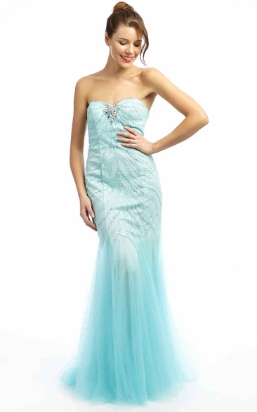 Mermaid Sweetheart Sleeveless Maxi Beaded Tulle Prom Dress