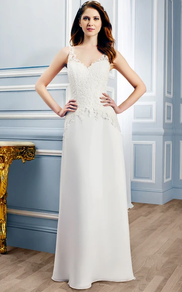 Sheath Sleeveless V-Neck Appliqued Floor-Length Lace Wedding Dress With Sweep Train And Illusion Back