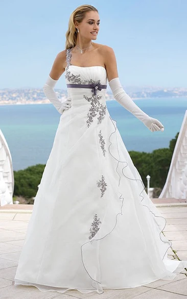Long One-Shoulder Appliqued Satin Wedding Dress With Side Draping