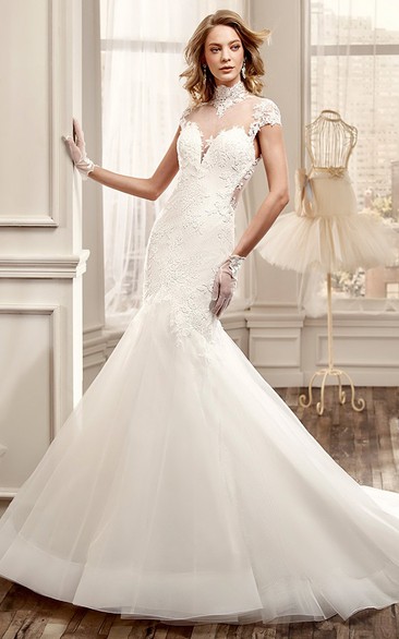 High-Neck Mermaid Wedding Dress with Illusive Back and Appliques