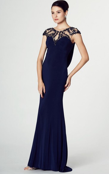 Sheath Cap Sleeve V-Neck Appliqued Jersey Prom Dress With Brush Train