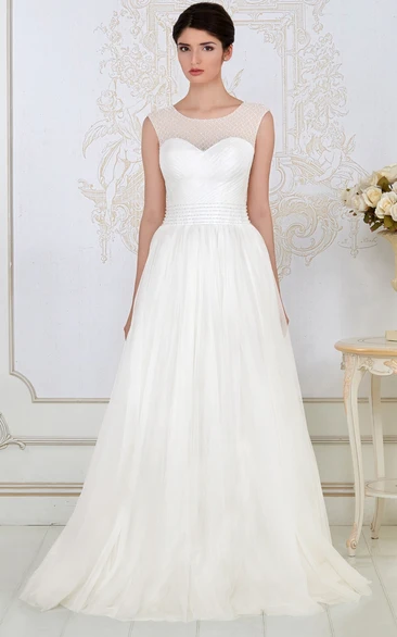 A-Line Scoop-Neck Floor-Length Criss-Cross Sleeveless Tulle Wedding Dress With Beading