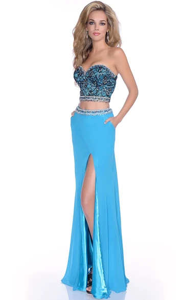 Column Sweetheart Crop Top Jersey Prom Dress Featuring Shining Bodice And Front Slit