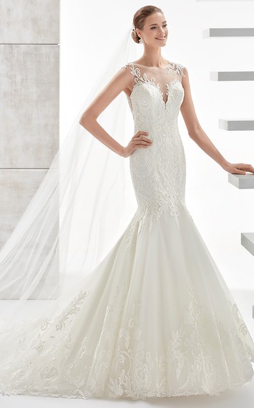 Jewel-Neck Sheath Lace Mermaid Wedding Dress With Illusive Design And Brush Train