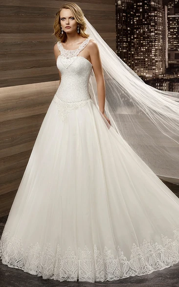 Scooped-neck A-line Wedding Dress with Lace-up Back and Brush Train