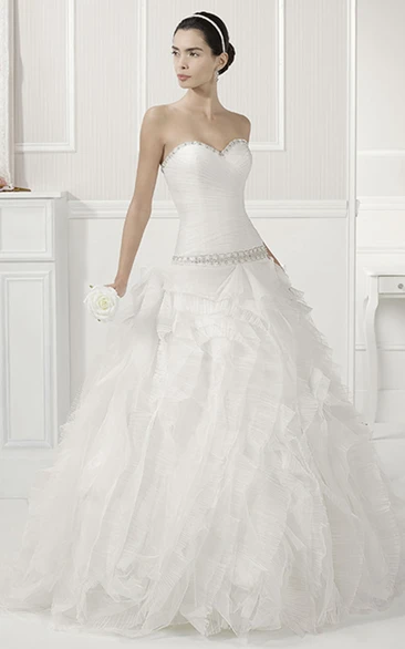 Jewel Neck Beaded Drop Waist Bridal Gown With Tiered Organza Skirt