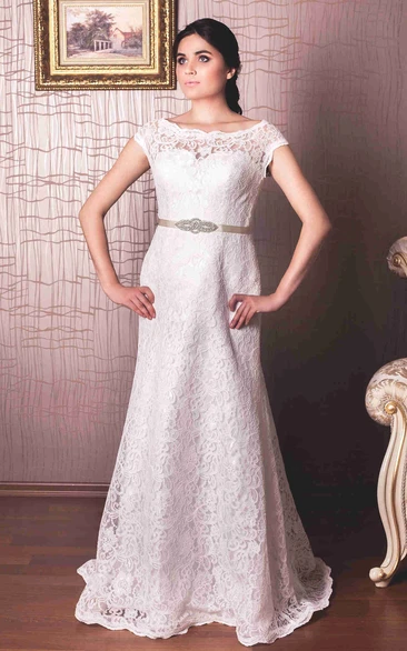 Sheath Floor-Length Cap-Sleeve Bateau-Neck Lace Wedding Dress With Waist Jewellery And Appliques
