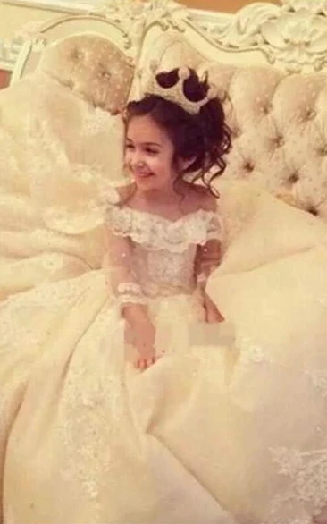 Ball Gown Off-the-shoulder Illusion Sleeves Flower Girl Dress with Corset