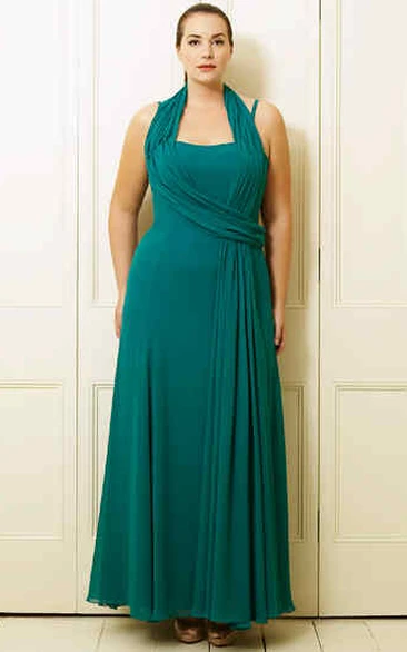 A-Line Pleated Sleeveless Ankle-Length Haltered Chiffon Plus Size Prom Dress