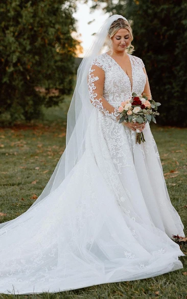 Elegant A-Line Plus Size Wedding Dress Illusion Long Sleeve Lace Petals Gown with Sweep Train