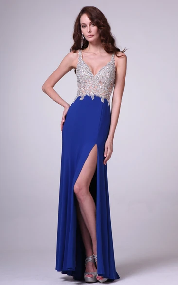 Sheath Straps Sleeveless Jersey Illusion Dress With Split Front And Beading