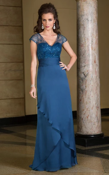 Cap-Sleeved V-Neck Long Mother Of The Bride Dress With Ruffles And Sequins