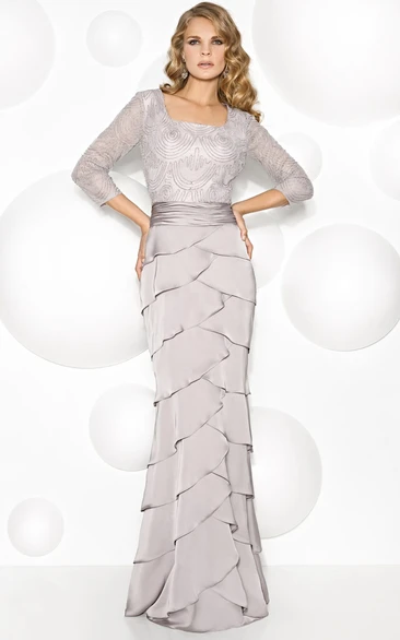 Sheath 3-4-Sleeve Beaded Square-Neck Floor-Length Prom Dress With Tiers