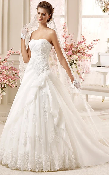 Strapless A-line Wedding Gown with Appliques and Asymmetrical Ruching