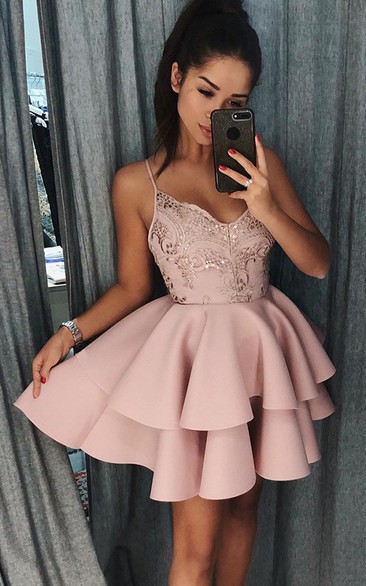 Sexy A Line Satin V-neck Sleeveless with Beading and Tiers Homecoming Dress