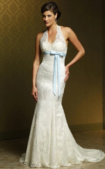 Sheath Floor-Length Appliqued V-Neck Sleeveless Lace Wedding Dress With Bow And Pleats