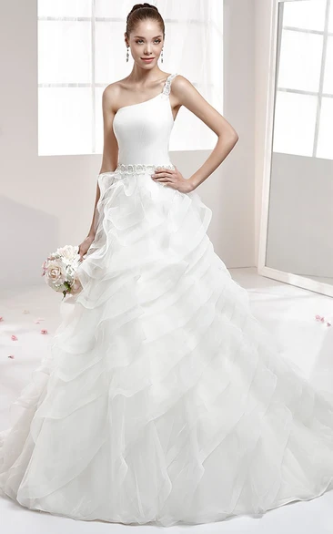 One-Strap Pleating A-Line Gown With Beaded Belt And Ruffled Skirt