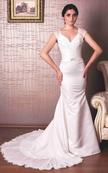Sheath Lace V-Neck Cap-Sleeve Floor-Length Satin Wedding Dress