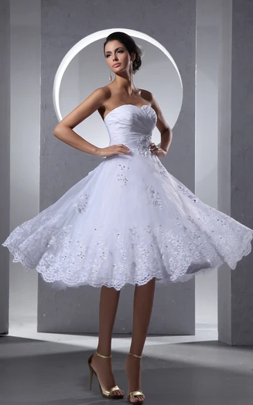 A-Line Crisscross Front Tea Length Lace Wedding Dress With Lace Appliques