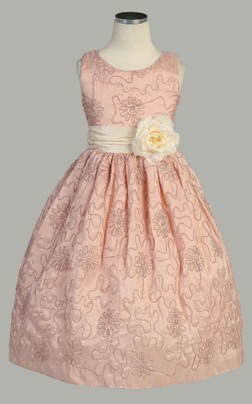 Tea-Length Floral Embroideried Taffeta Flower Girl Dress