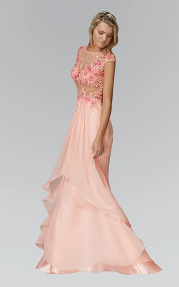 Sheath Scoop-Neck Cap-Sleeve Chiffon Satin Dress With Appliques And Draping
