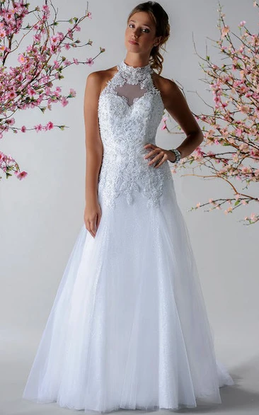 Halter Style Bridal Gown With Appliqued Top And Tulle Skirt