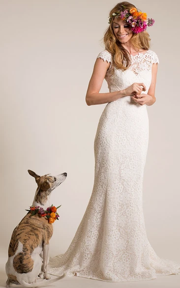 Sheath Long Bateau-Neck Cap-Sleeve Lace Wedding Dress With Bow And Deep-V Back