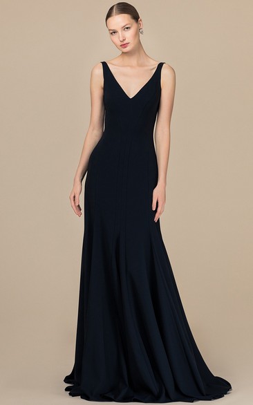 Elegant A Line V-neck Satin Floor-length Backless Evening Dress with Bateau