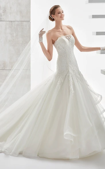 Strapless A-line Wedding Dress with Lace Bodice and Asymmetrical Ruffles