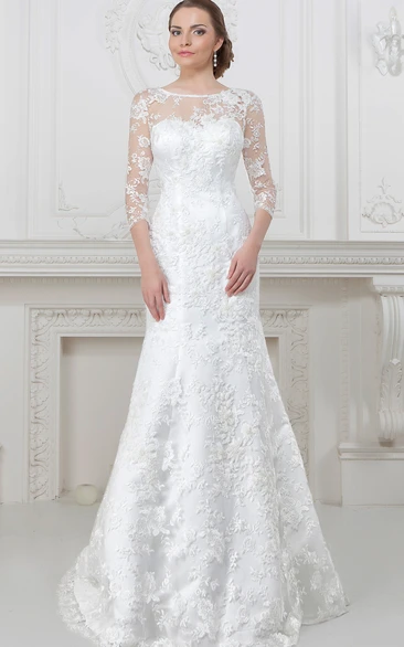 A-Line 3-4-Sleeve Scoop-Neck Lace Wedding Dress With Illusion