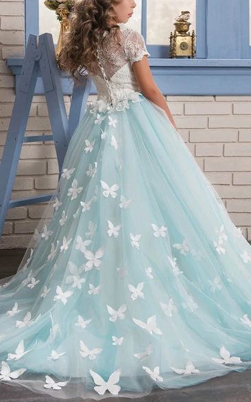 Appliqued Tulle and Lace Scoop Short-Sleeve Ball Gown Flower Girl Dress