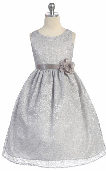 Floral Tea-Length Tiered Lace Flower Girl Dress