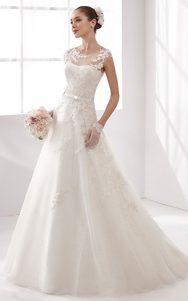 Jewel-neck A-line Wedding Gown with Illusive Neckline and Open Back